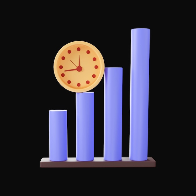 Bar Graph Clock 3D Render Illustration On Black Background