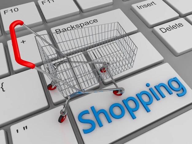 basket for purchases on the keyboard. 3d rendering.