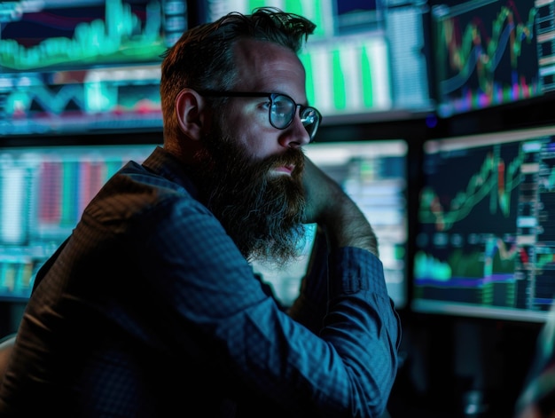 bearded man studying stock market data