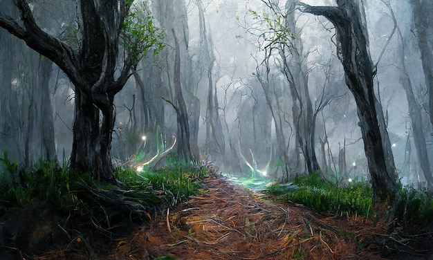 Beautiful magical forest fabulous trees Forest landscape sun rays illuminate the leaves and branches of trees Magical summer forest 3d Illustration
