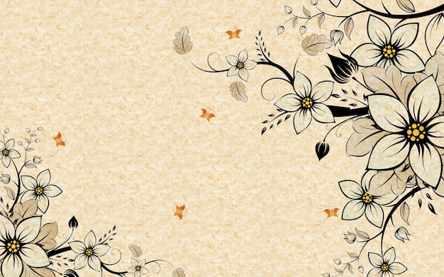 Beige background for interior printing fabulous flowers and butterflies