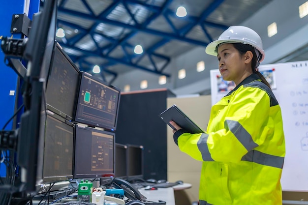 Bên trong nhà máy công nghiệp lớn, nữ kỹ sư máy tính làm việc trên máy tính cá nhân. Cô ấy đang viết code chương trình để điều khiển máy móc. Người Thái Lan làm việc trên bốn màn hình. Lập trình viên làm việc một cách nghiêm túc