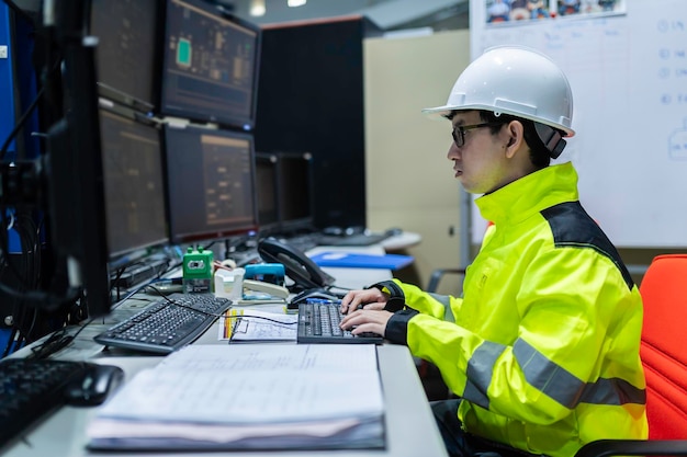 Bên trong nhà máy công nghiệp lớn, nữ kỹ sư máy tính làm việc trên máy tính cá nhân. Cô ấy đang viết code chương trình để điều khiển máy móc. Người Thái Lan làm việc trên bốn màn hình. Lập trình viên làm việc một cách nghiêm túc