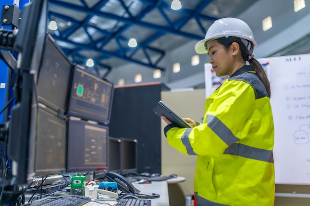 Bên trong nhà máy công nghiệp lớn, nữ kỹ sư máy tính làm việc trên máy tính cá nhân. Cô ấy đang viết code chương trình để điều khiển máy móc. Người Thái Lan làm việc trên bốn màn hình. Lập trình viên làm việc một cách nghiêm túc