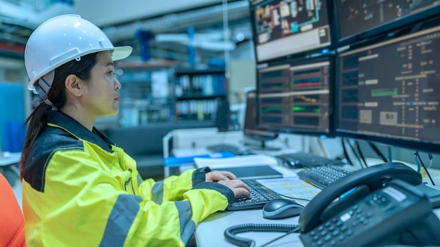 Bên trong nhà máy công nghiệp lớn, nữ kỹ sư máy tính làm việc trên máy tính cá nhân. Cô ấy đang viết code chương trình để điều khiển máy móc. Người Thái Lan làm việc trên bốn màn hình. Lập trình viên làm việc một cách nghiêm túc