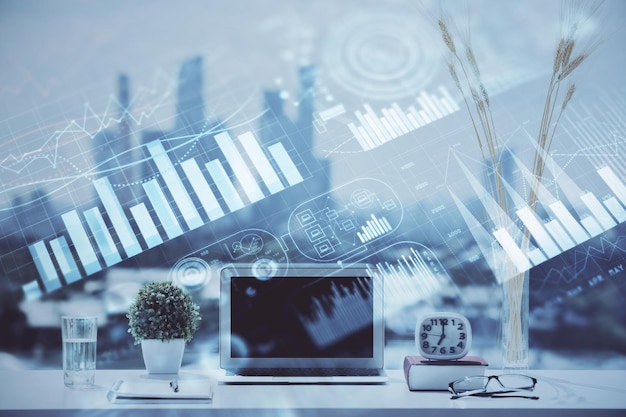 Biểu đồ Forex голограмма trên bàn với nền máy tính Phơi sáng đa lớp Khái niệm về thị trường tài chính