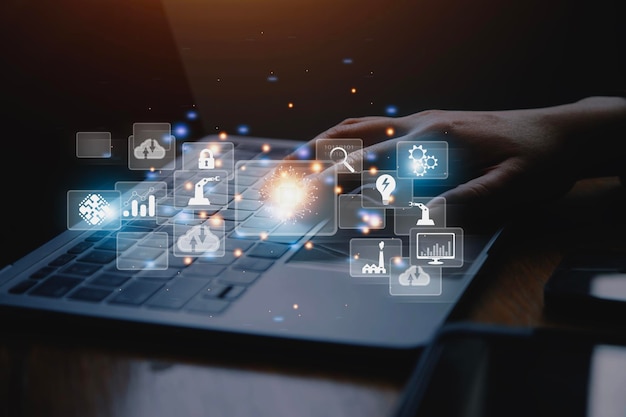 Big data analytics and business intelligence concept with chart and graph icons on a digital screen interface and a businessman in background