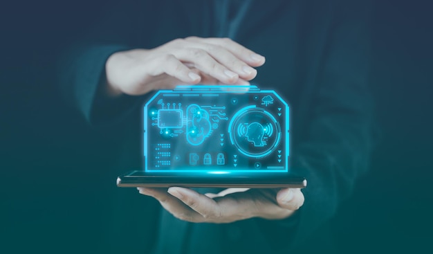 Big data and analytics visualization technology with scientist analyzing information structure on screen with machine learning predictions for business data internet of things iot ai big data