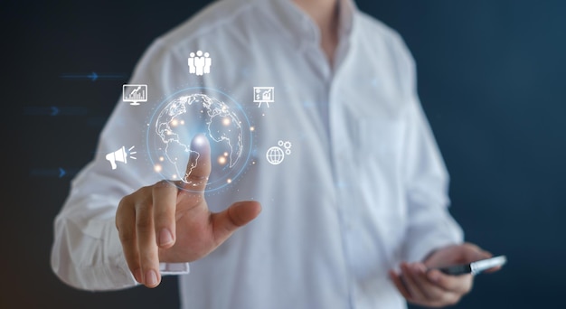 Big data and analytics visualization technology with scientist analyzing information structure on virtual screeniot finance machine learning to extract predictions for business