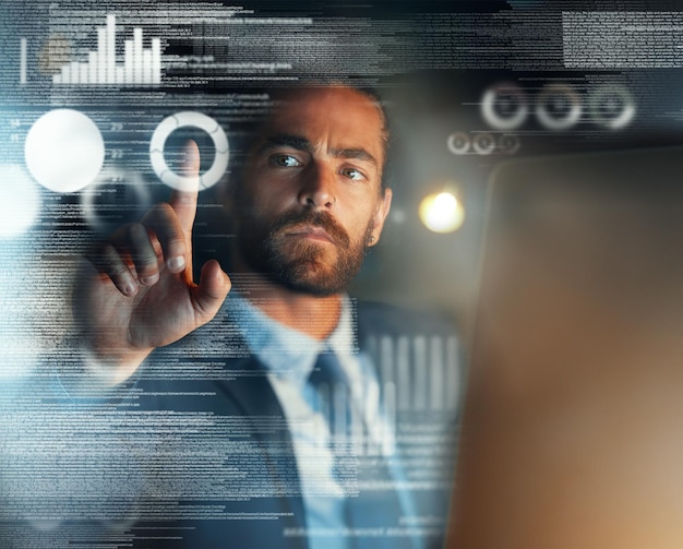 big data digital future and crypto metaverse of fintech business man developer and nft blockchain trader cloud computing at night digital transformation ux software dashboard and cyber technology