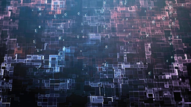 binary code forming futuristic digital background with glowing squares