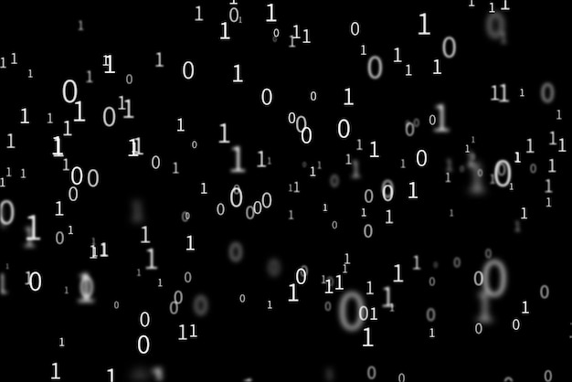 Binary numbers are floating on a black background