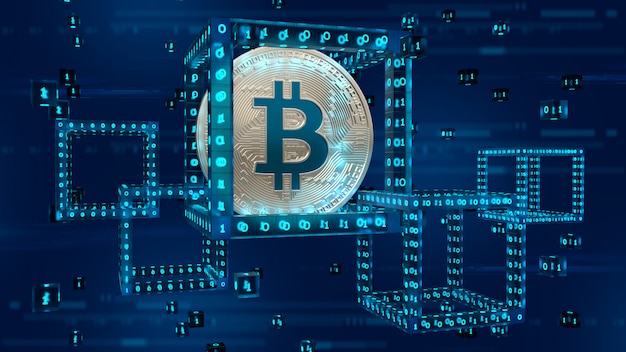 Bitcoin bạc vật lý 3D bên trong khối kỹ thuật số với mã kỹ thuật số.