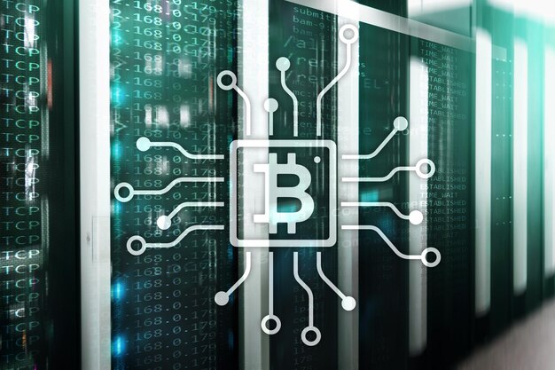 bitcoin blockchain concept on server room background