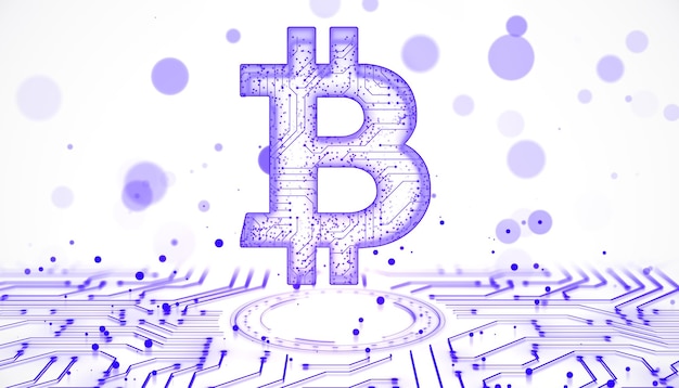 Bitcoin symbol with circuit patterns and abstract dots on white background 3D Rendering