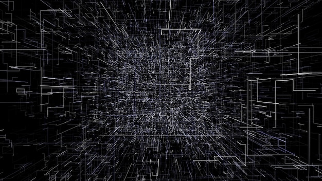 Black and white abstract virtual space flying digital data tunnel journey