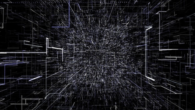 Black and white abstract virtual space flying digital data tunnel journey