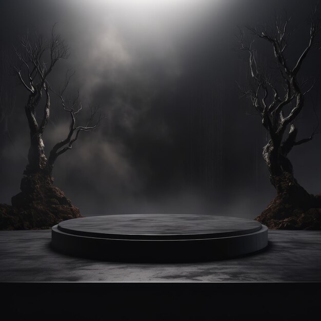 black podium in the dark forest halloween concept