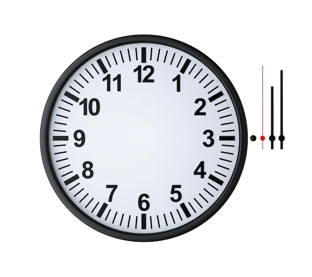 blank clock face with numbers plus hour minute and second hands 3d render