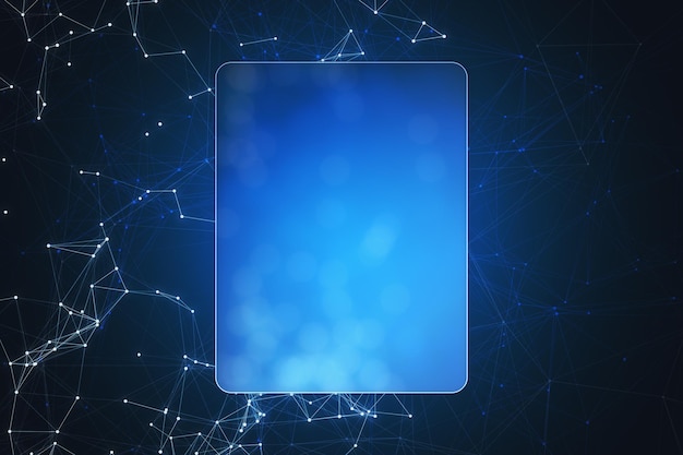 blank matt rectangular screen with rounded corners on abstract dark background with chaotically located dots connected by lines mock up