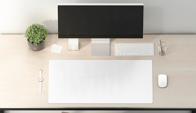 Blank white desk mat mouse and keyboard mockup top view