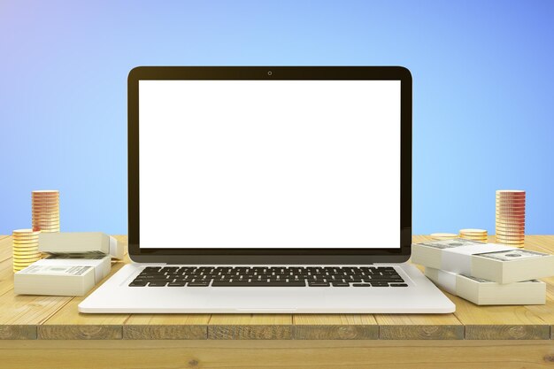 blank white laptop screen on wooden table with stacks of coins and packs of dollars mock up