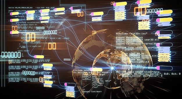 Blockchain and programming concept with node base programming and binary code