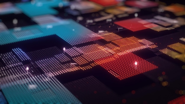 Blockchain concept. Big data binary code futuristic information technology, data flow. Transferring of big data.  interconnected blocks of data depicting a cryptocurrency blockchain. 3D Rendering.