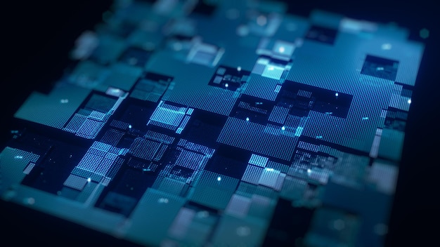 Blockchain concept. Big data binary code futuristic information technology, data flow. Transferring of big data.  interconnected blocks of data depicting a cryptocurrency blockchain. 3D Rendering.