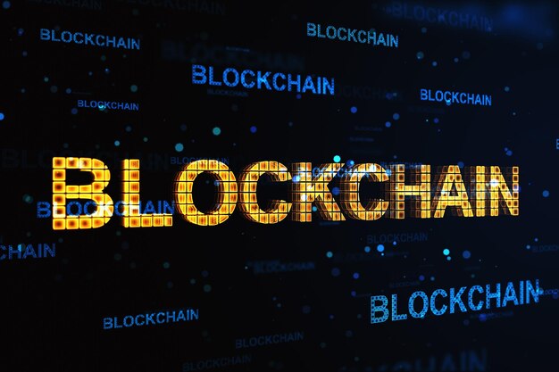 Blockchain financial technology and fintech concept with perspective view on glowing digital word on abstract dark technological background 3D rendering