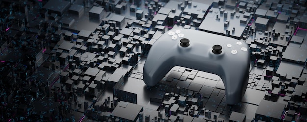 Blockchain game concept Game joystick on a technological background Blockchain game concept Gamepad on dark background and blank space for design 3d render