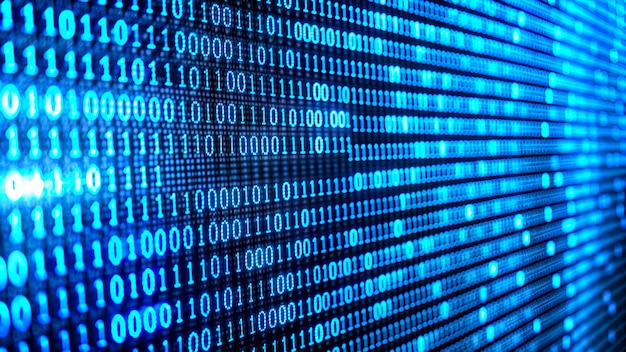 Blue binary code on a computer display emphasizing digital data and technological background