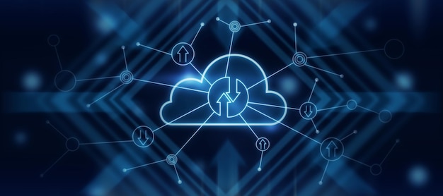 Blue cloud hologram with multiple lines and particles on a dark background with a rectangle Data storage and communication concept 3d rendering