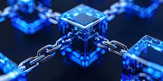 Blue cube connected to digital chains showcasing secure decentralized blockchain technology Concept Blockchain Technology Secure Digital Chains Decentralized System Blue Cube Design