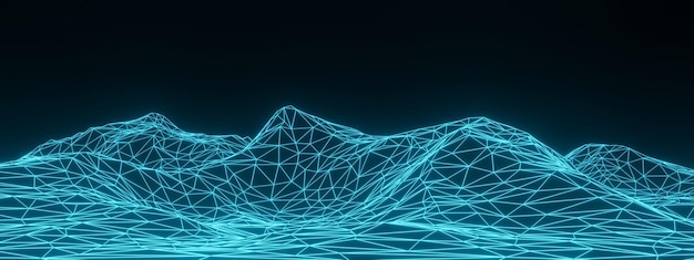 Blue grid neon mountain Wireframe terrain