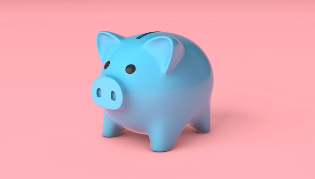 Blue piggy bank on a pink background 3d render