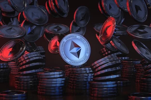 blue silver ethereum (eth) coins falling from above in the black scene, digital currency coin for financial, token exchange promoting. 3d rendering