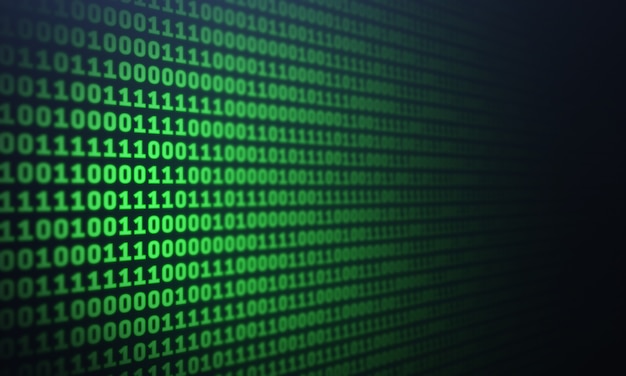 blur binary code on computer screen background green digits listing table side view data technologic