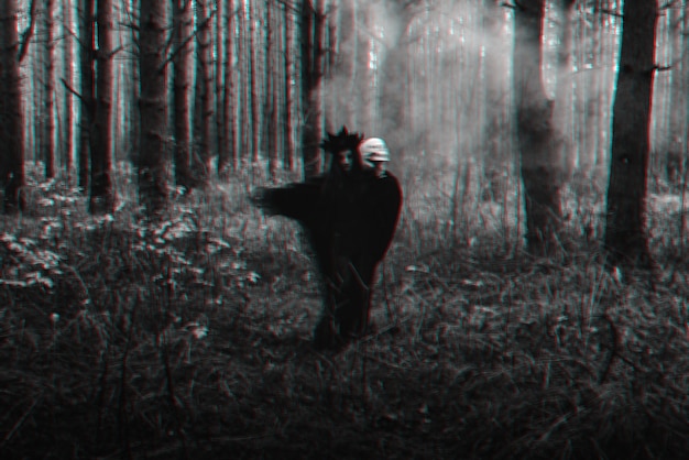 blurry silhouette of an evil black witch with a skull in her hands performing an occult satanic ritual. black and white with 3d glitch virtual reality effect