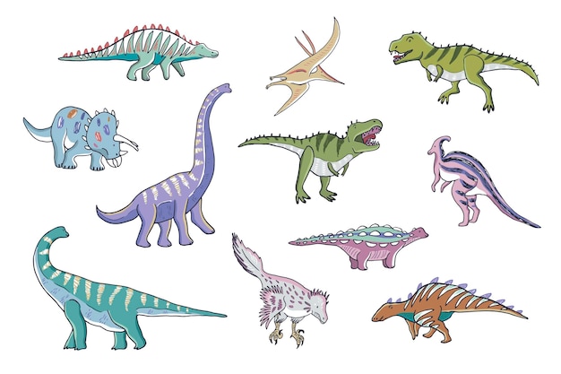 Bộ hình ảnh minh họa doodle vector khủng long với hoa