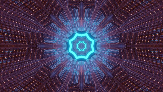 bright neon lights forming tunnel around blue star shaped background