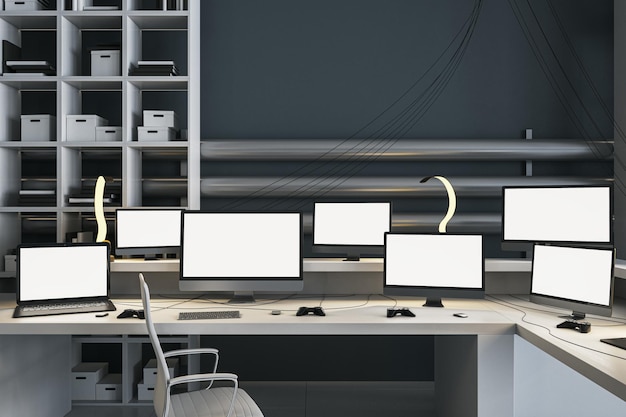 Bright office interior with multiple empty white computer monitors on light desk Gaming work hacking and bitcoin mining concept Mock up 3D Rendering