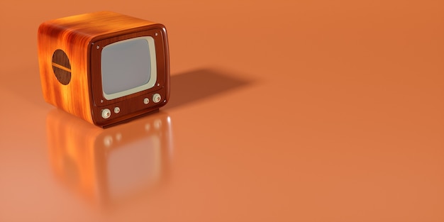 brown retro tv set on orange background in 3d illustration