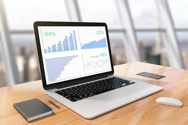 Business chart on the screen laptop on a wooden desk
