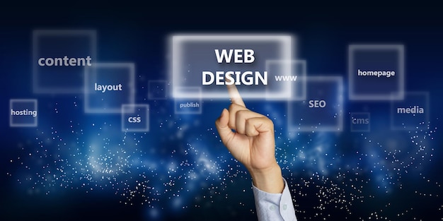 business concept image of a businessman hand clicking web design button on virtual screen