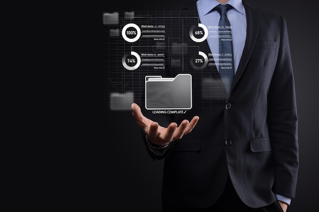 Business developer hand using board framework on virtual modern computer showing innovation Agile software development lean project management tool fast changes conceptDocument Management System DMS