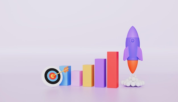 Business graph with flying space rocket growth statistics trading space for business startup