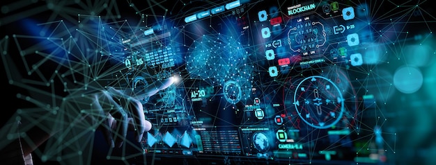 Business hand working with cryptocurrency and Ai conputer interface