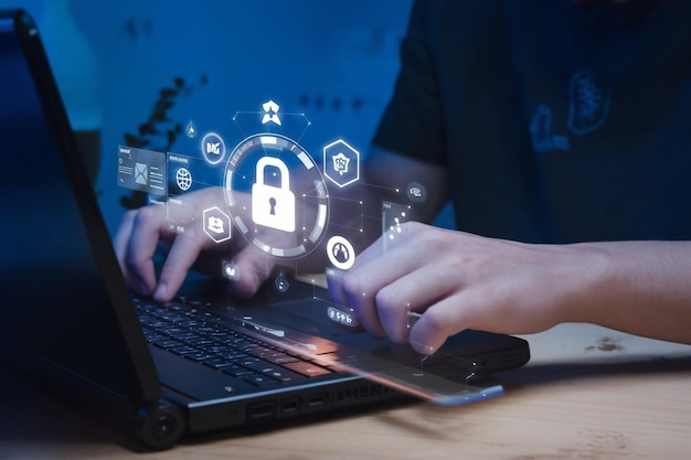 business hand working with Data protection Cyber Security Privacy Business Internet Technology Ui