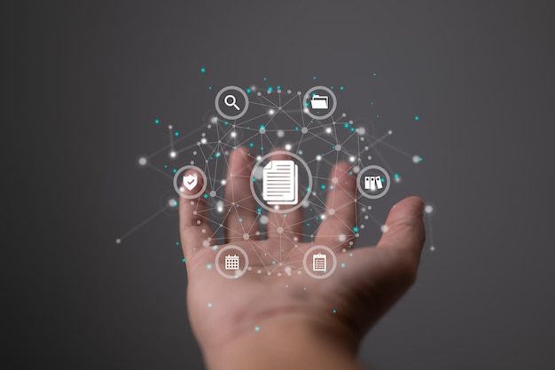 Business Internet Technology Privacy and Data Protection Concept Document management data system containing a document icon Management system for company data